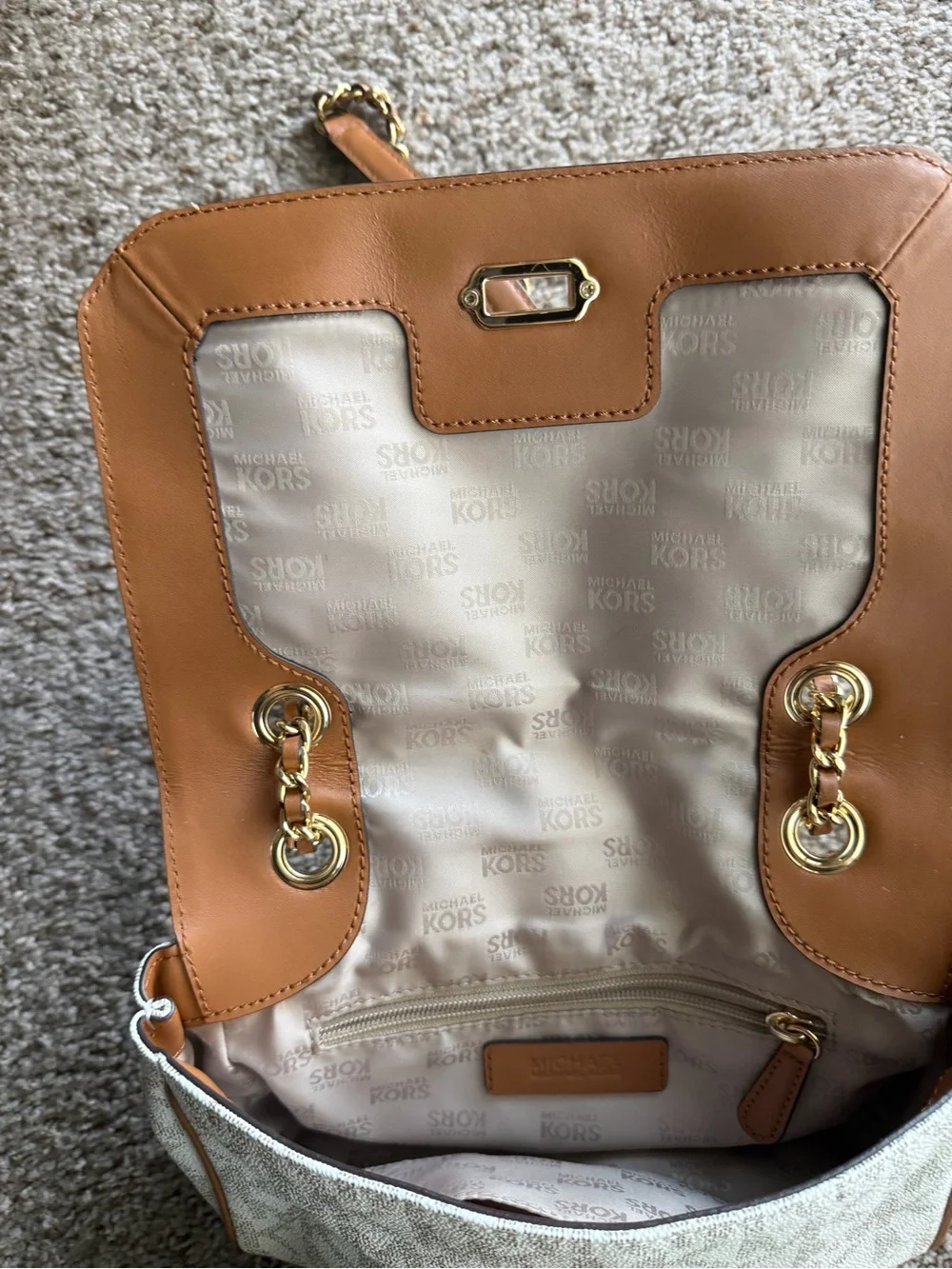 Michael Kors Ivory Signature MK Chain Shoulder Bag with Tan Trim